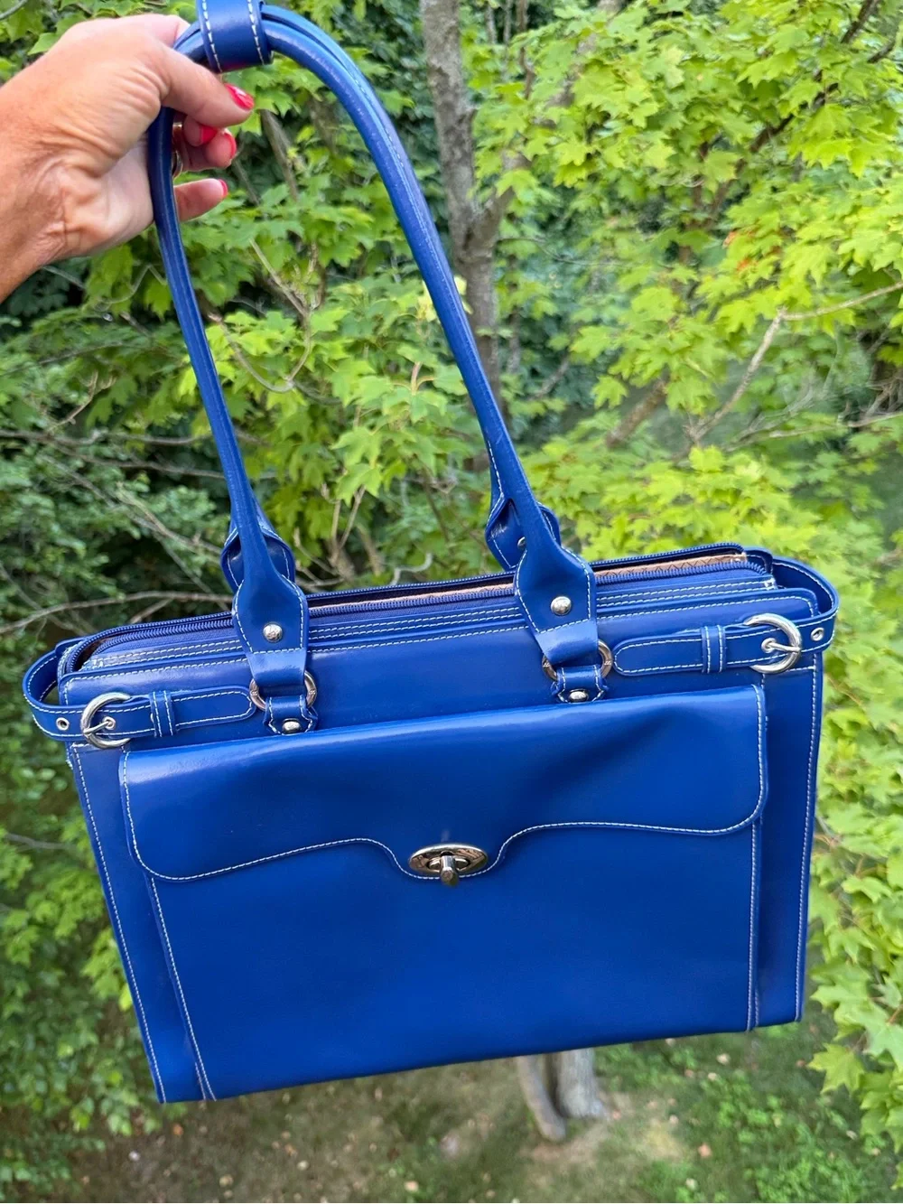 Mcklein Winnetka Briefcase navy blue leather travel silver hardware elegant